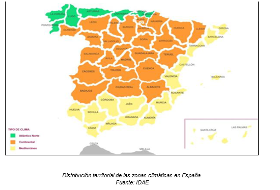 Distribución territorial de las zonas climáticas en España