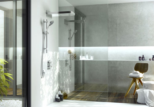 Grifos de ducha Genebre con accesorios con decoración en baño gris