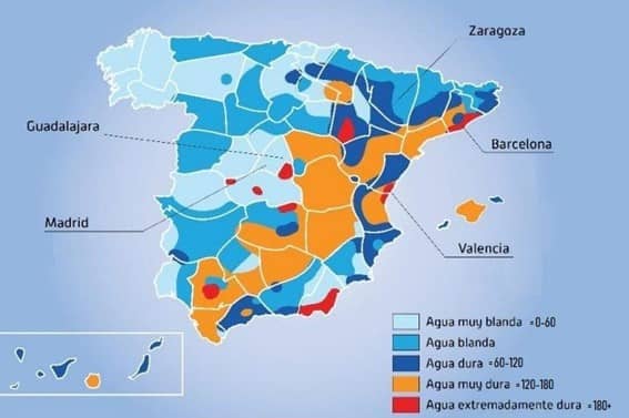 Mapa de zonas de España con aguas duras y aguas blandas